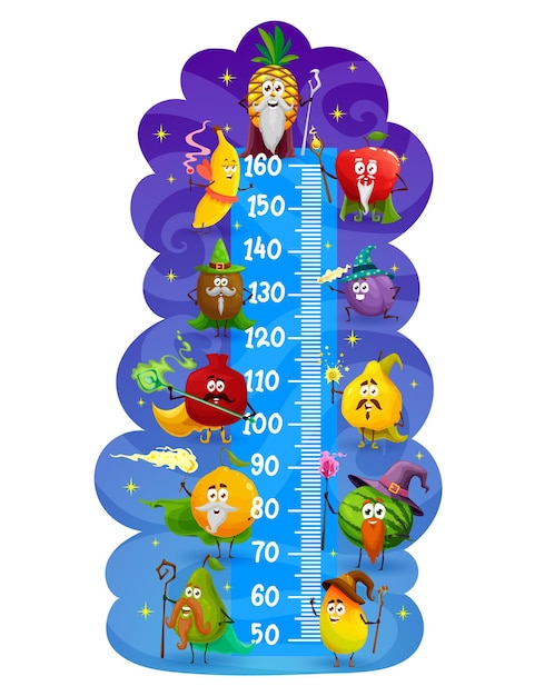 만화 마술사와 마법사 과일이 있는 어린이 키 차트 사과 오렌지 바나나와 파인애플 수박 키위 망고와 매실 마술 캐릭터가 있는 벡터 성장 측정기 어린이 운동계 눈금자