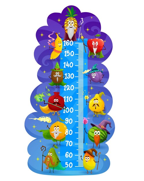 Vector kids height chart with cartoon magician fruits