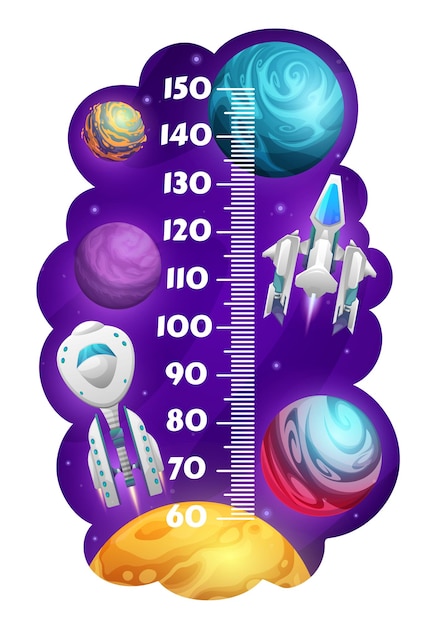 Kids height chart with cartoon planets starships