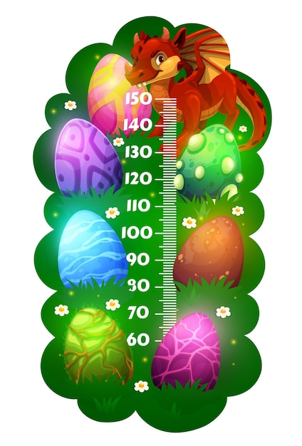 Kids height chart with cartoon red dragon and eggs