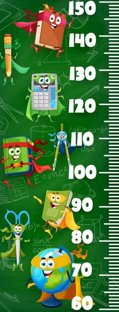 Vector kids height chart with cartoon school characters