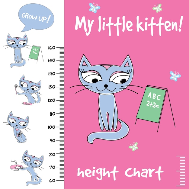 Kids height chart with cute cats funny vector illustration