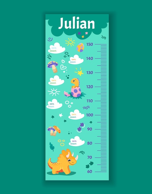 Kids height chart with different dinosaurs Meter wall or Growth ruler with space for notes date and height information Vector cartoon children illustration