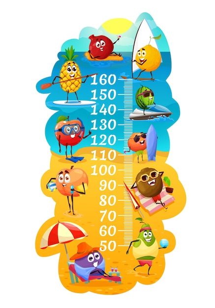 Grafico dell'altezza dei bambini con frutta sulla spiaggia estiva