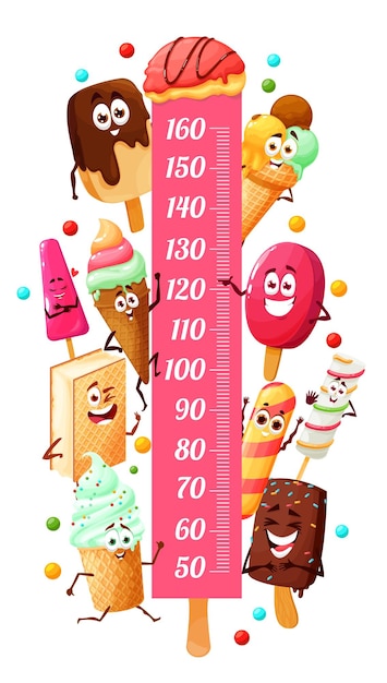 Kids height chart with ice cream desserts and cartoon characters vector growth meter Child measure ruler or height chart with frozen icecream desserts chocolate and fruit gelato in wafer cones