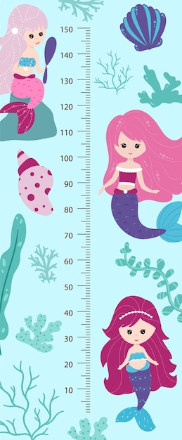 Vector kids height chart with little mermaids. childish meter wall for nursery design. vector illustration, cartoon style
