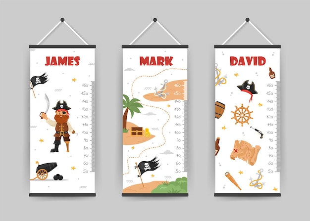 Kids height charts collection Meter wall with pirate captain flag and map