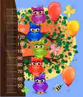 Vector kids height meter with cute owls funny stadiometer from 50 to 160 centimeter