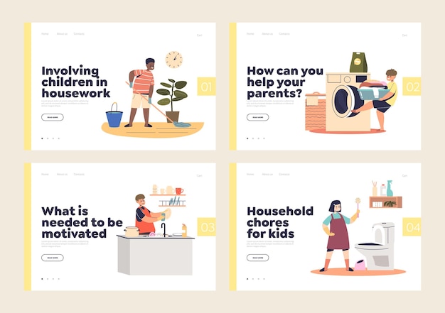 Kids helping parents with household chores concept of template landing pages set Children at home cooking cleaning washing dishes do housekeeping Cartoon flat vector illustration