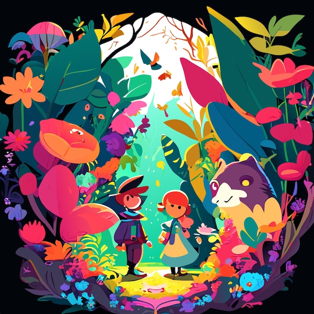 Vector kids hiking in the forest