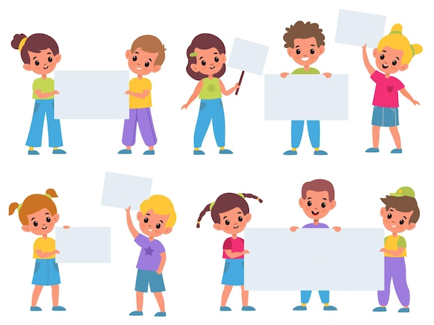 Kids holding banners funny children with clean advertising posters collection boys and girls meeting placards for text templates pupils with sheets empty frame cartoon vector set