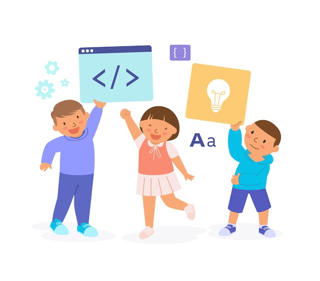 Vector kids holding coding sign kids coding education concept