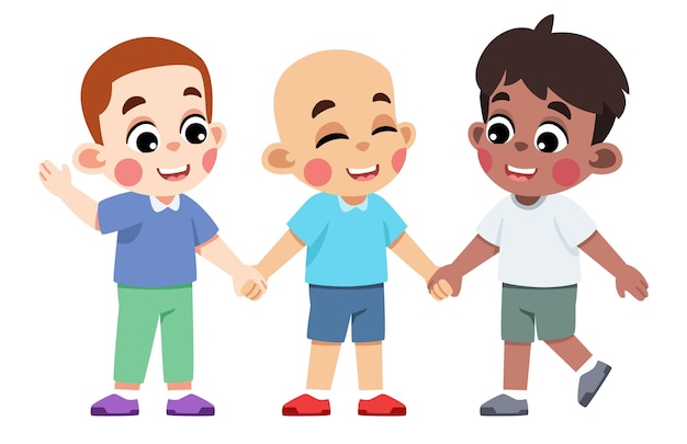 Kids holding hands of a friend with cancer drawn in cute style