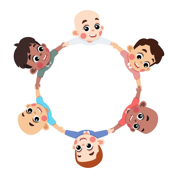 Vettore bambini che tengono le mani di un amico con il cancro facendo un cerchio disegnato in stile carino