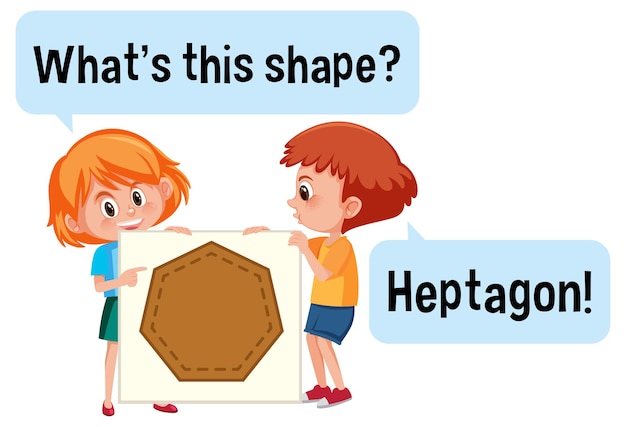 Vector kids holding heptagon shape banner with what's this shape font