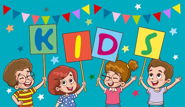 Kids holding a placard with the word Kids Vector illustration