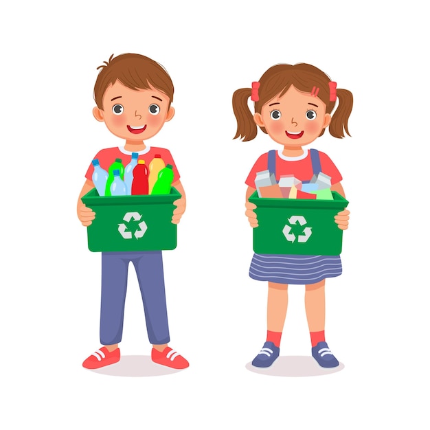 Kids holding recycling bin container full of plastic bottles and papers garbage for waste sorting