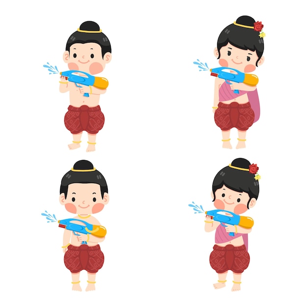 Vettore bambini con una pistola ad acqua e un sorriso in abiti tradizionali thailandesi
