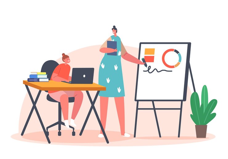 Vector kids home education concept mother character help daughter with homework child sitting at table with laptop and textbooks listen tutor or parent at white board cartoon people vector illustration