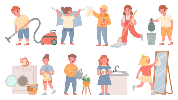 Kids housework. Children doing chores, cleaning, wash dishes, laundry, mopping floor and vacuum. Boys and girls clean home vector set. Housework and housekeeping, kids cleaning and wash illustration