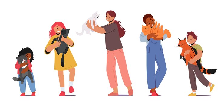 Vector 子供は猫を抱きしめます子供女の子と男の子のキャラクターは白い背景で隔離の手にかわいい子猫を持ってペットと抱きしめます動物への優しさを愛するコンセプト漫画の人々ベクトルイラスト