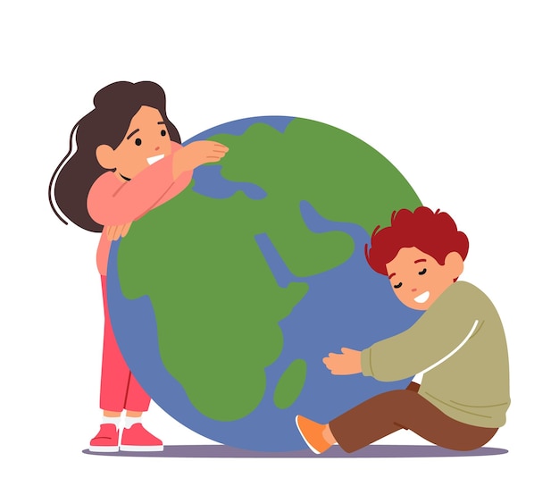 Kids hugging earth planet little boy and girl characters embrace with love sphere with continents and oceans