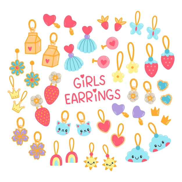 Kids jewelry set, different earrings. Cartoon drawing earrings for children isolated on white.