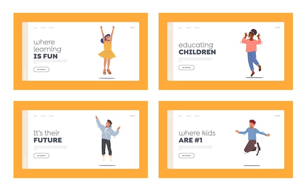 Kids jump landing page template set. happy toddlers stand in row dancing and jumping. little children rejoice on summer