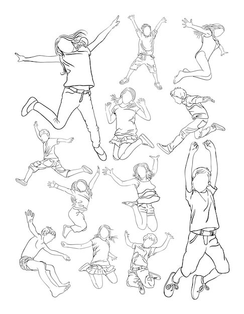 Kids jumping line art