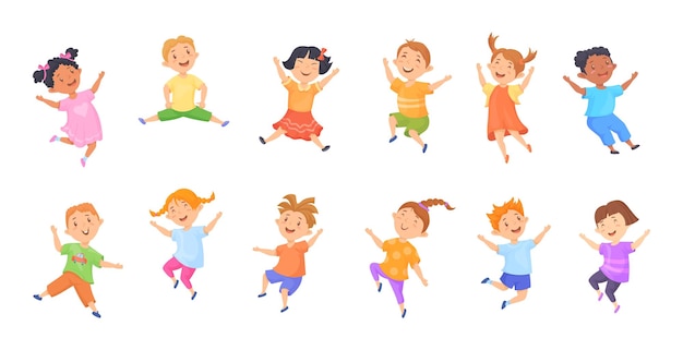 ベクトル 子供たちのジャンプのポーズ かわいい漫画の子供たちのジャンプ ポーズ面白いダンス ハンドアップ子供のさまざまなアクション レジャー パーティーで子供の行動幸せな楽しい男の子と女の子のキャラクター女の子幸せのベクトル イラスト