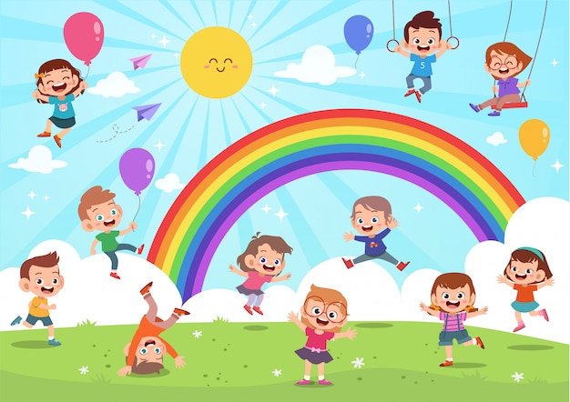 Premium Vector | Kids jumping under rainbow colorful cartoon