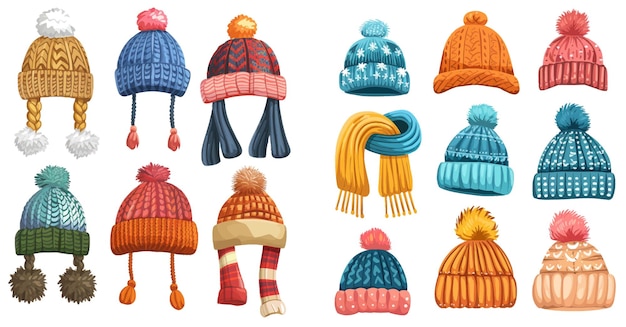 Kids knitting autumn headwear hats and scarf cold weather children accessories isolated vector illustration icons set