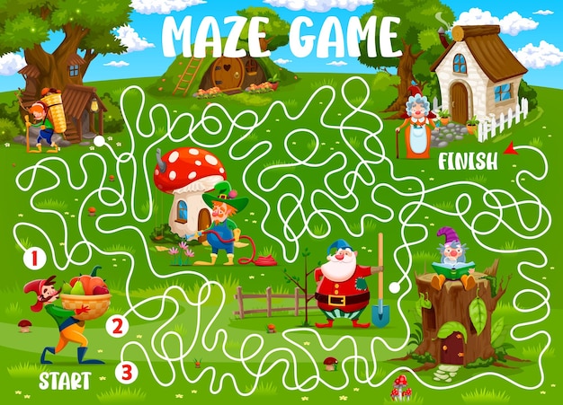 Kids labyrinth maze in cartoon gnomes fairytale village labyrinth quiz find way vector worksheet kids maze or riddle with fairy gnome or dwarf cute personages and forest fantasy houses dwellings