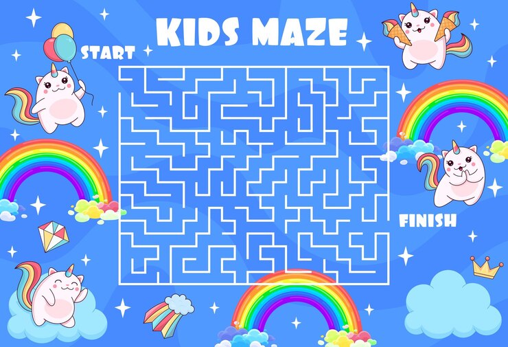 Vector kids labyrinth maze help to cartoon caticorn cat and kitten character find a golden crown search path playing activity vector worksheet with fantasy animal on cloud eating ice cream on rainbow