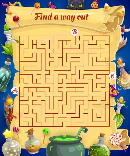 Kids labyrinth vector maze with Halloween treats