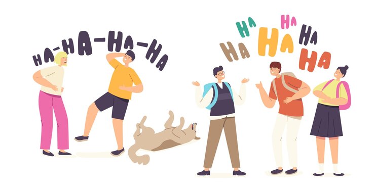 Vector 아이 웃는 개념. 행복한 소녀와 소년 캐릭터 웃음 표정, 재미있는 아이들과 개 초틀, 하하 감정, 행복, 어린 시절, 졸리 스쿨키즈. 만화 사람들 벡터 일러스트 레이 션