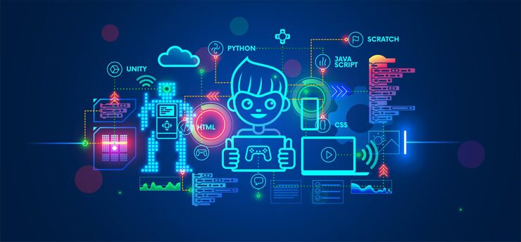 Vector kids learning to coding programming in online it school engineering courses in internet for talented children boy studying game development robotics technology creations program code on computer