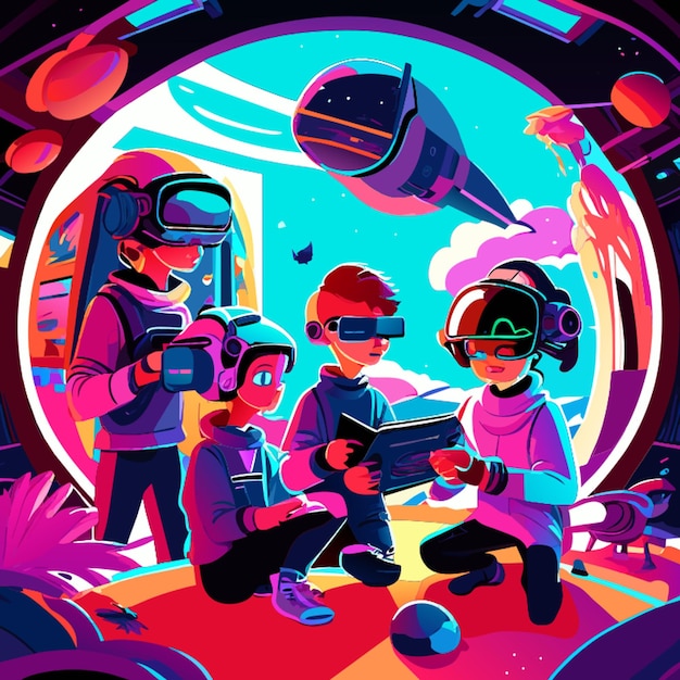 Vector kids learning futuristic art vector illustration