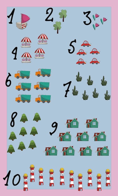 Vector kids learning material printable poster for nursery kindergarten illustrated numbers for children