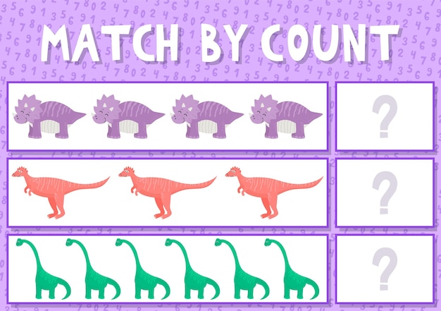 다른 공룡 만화 벡터 일러스트와 함께 취학 전 어린이를위한 숫자 자료 교육 게임을 배우는 아이