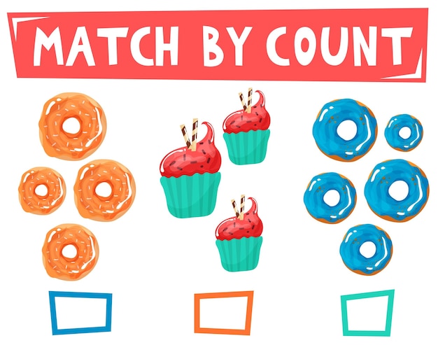 Kids learning number material educational game for preschool children with different subjects cartoon vector illustration donuts and muffins