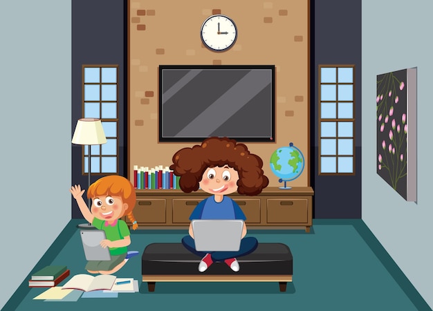 自宅でオンラインで学習する子供たち