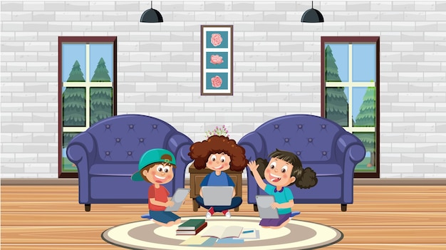 Vector kids learning online at home