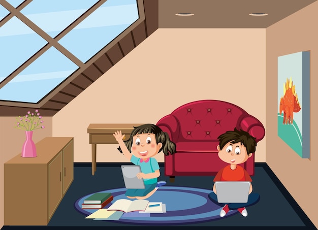 Vector kids learning online at home