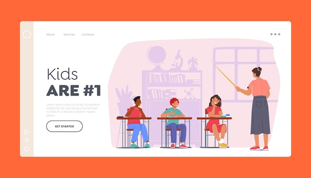 Kids on Lesson Landing Page Template Children Students Characters with Teacher in Classroom Boys and Girls Sit at Desk