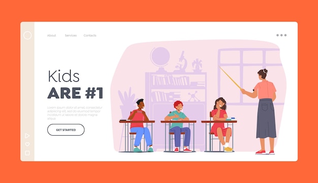 Дети на уроке Шаблон целевой страницы Дети Студенты Персонажи с учителем в классе Мальчики и девочки сидят за партой