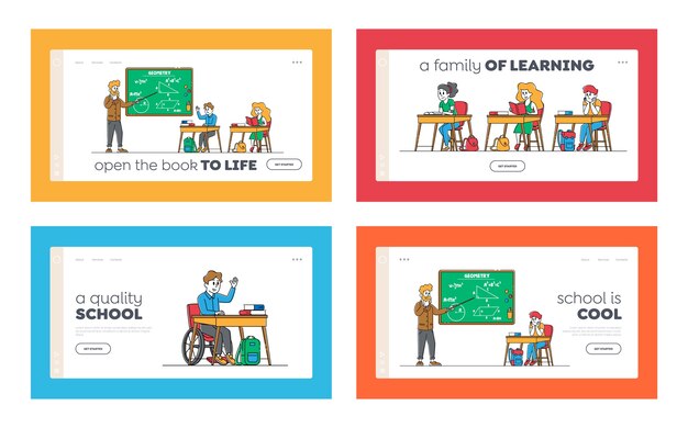 Kids on lesson landing page template set