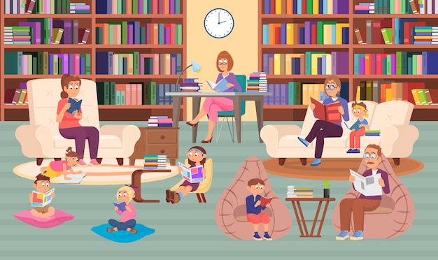 Kids in library Cartoon boy and girl reading books Bookshelf in classroom or bookstore adults and children sitting and read Decent vector concept