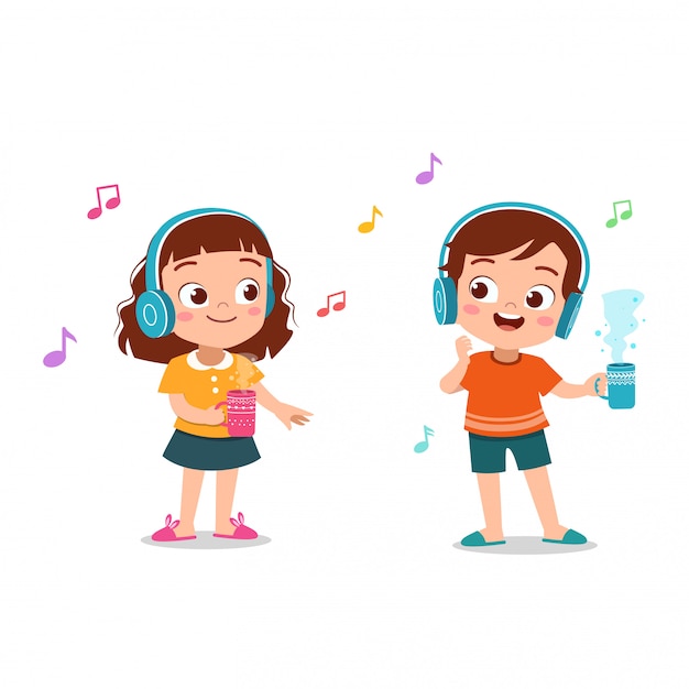 Bambini che ascoltano l'illustrazione di musica