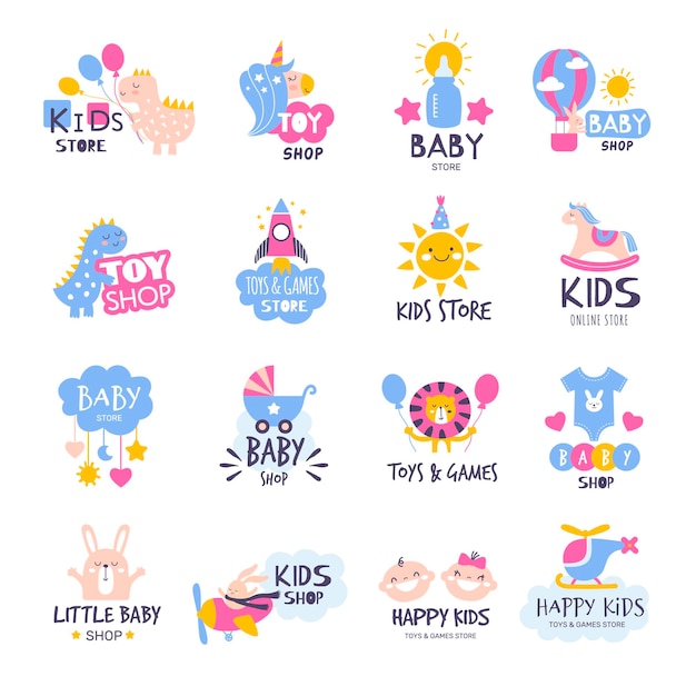 Vector kids logo baby store with toys clothes shoes recent vector cartoon badges templates set isolated